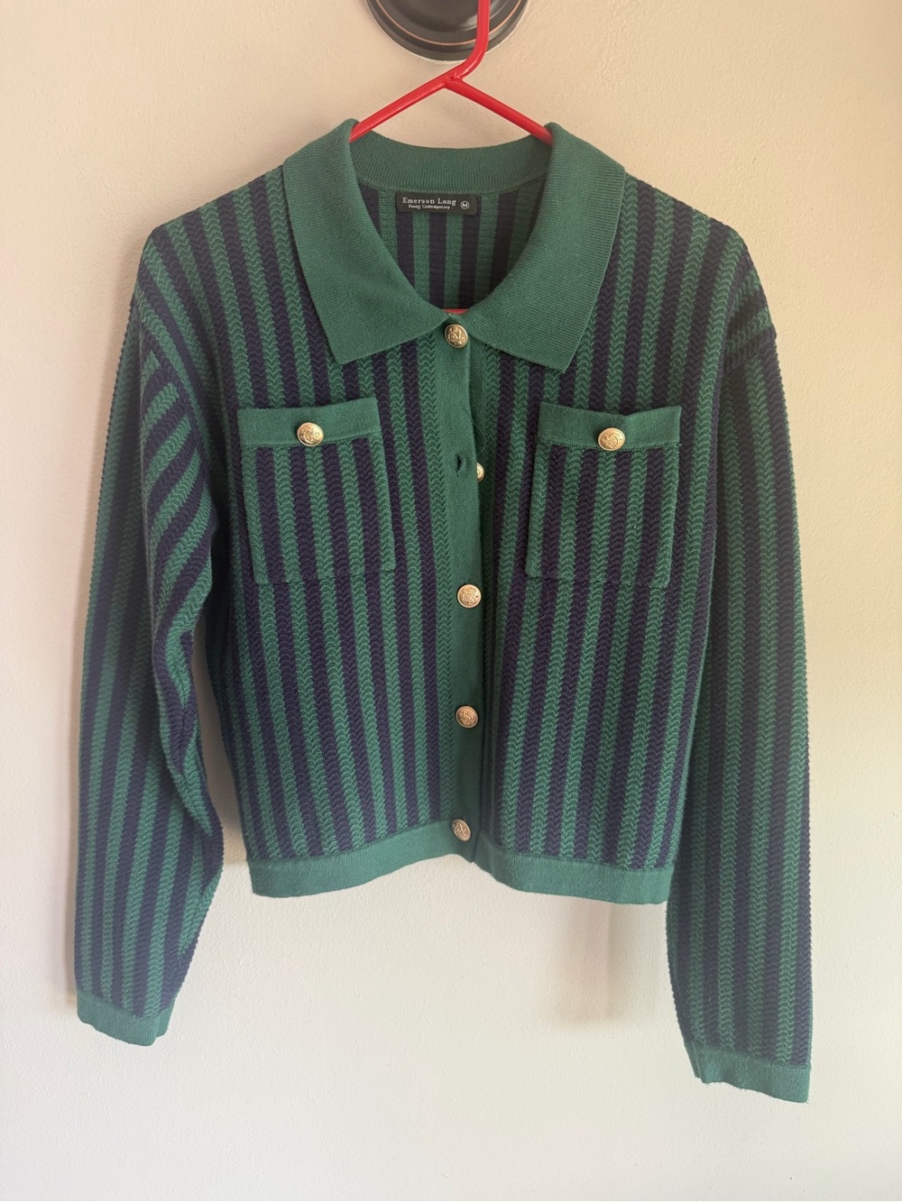 Chest-Pocket Striped Collared Cardigan in Green and Navy